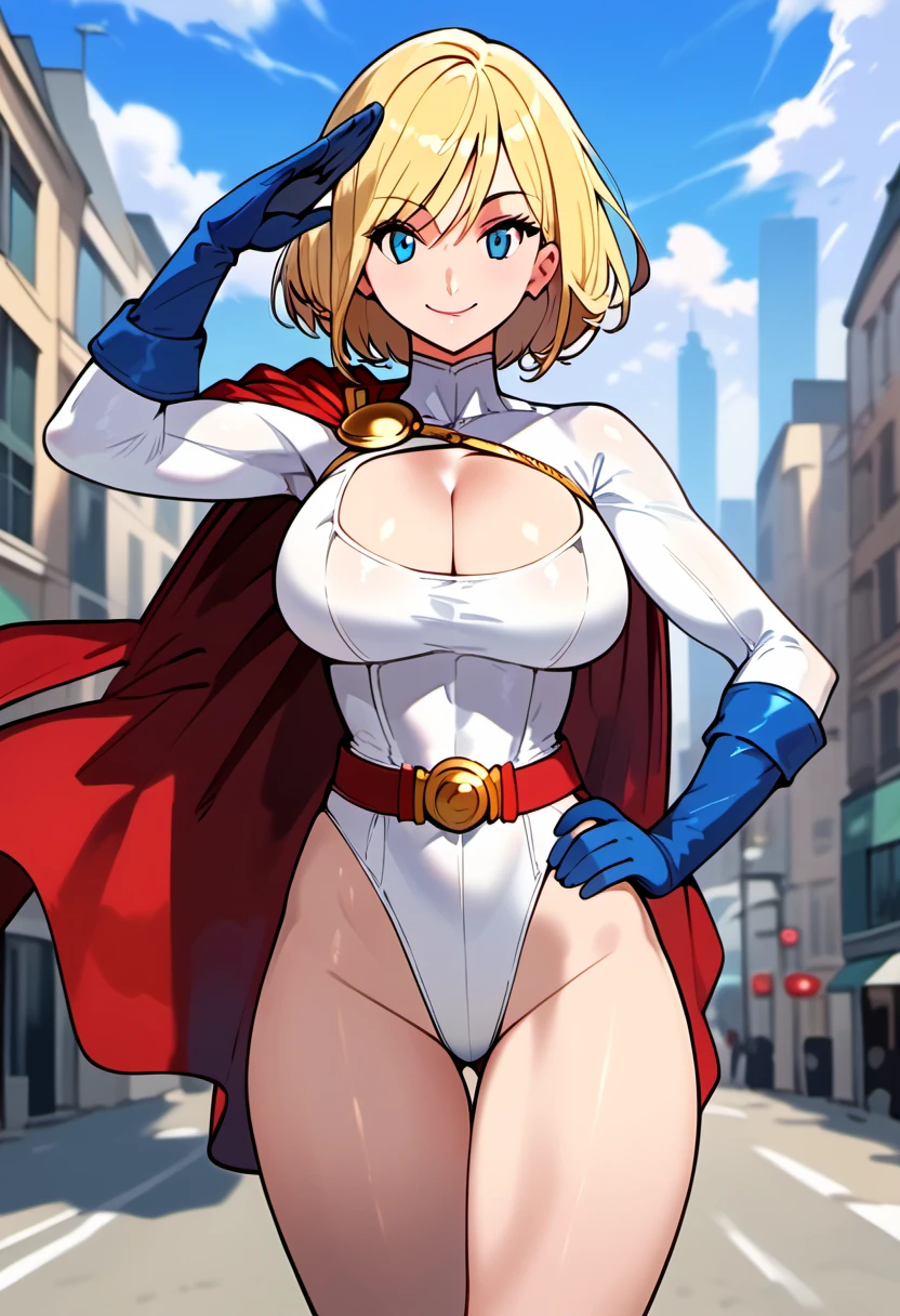 score_9, score_8_up, score_7_up, score_6_up, score_5_up, score_4_up, masterpiece, best quality, BREAK, 
1girl, solo, outdoor, city <lora:Power_Girl_V2:1> powergirl, large breasts, short hair, blonde hair, blue eyes, leotard, blue gloves, red cape, smile, hand on hip, salute, thigh