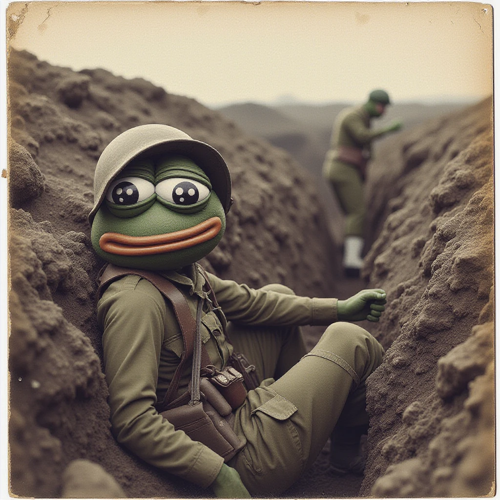 photo of Pepe as WW2 soldier in trench, war journalism, faded vintage photo, low quality, print