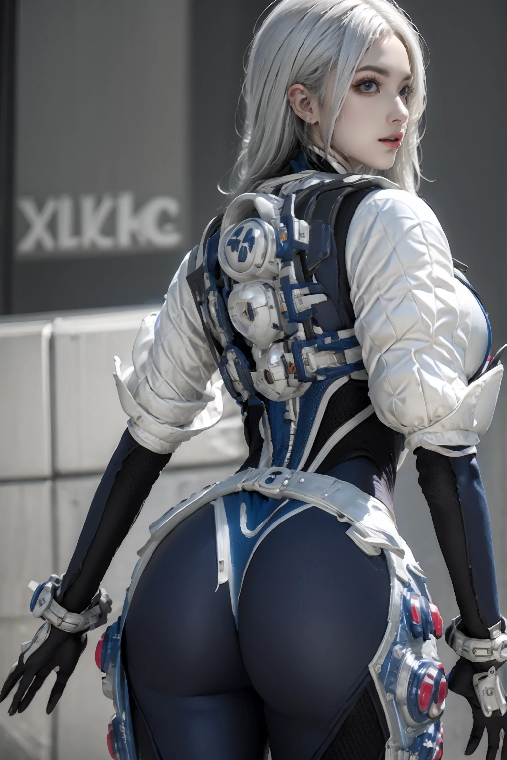 masterpiece,(bestquality),ultra-detailed,1girl,solo,thighs upper,beautiful face,accessories,jewelry,vn,bunny outfit,bodysuit,huge breasts,<lora:Bunny outfit:0.8>,<lora:TA_trained:0.7>,white hair,from behind,looking back,