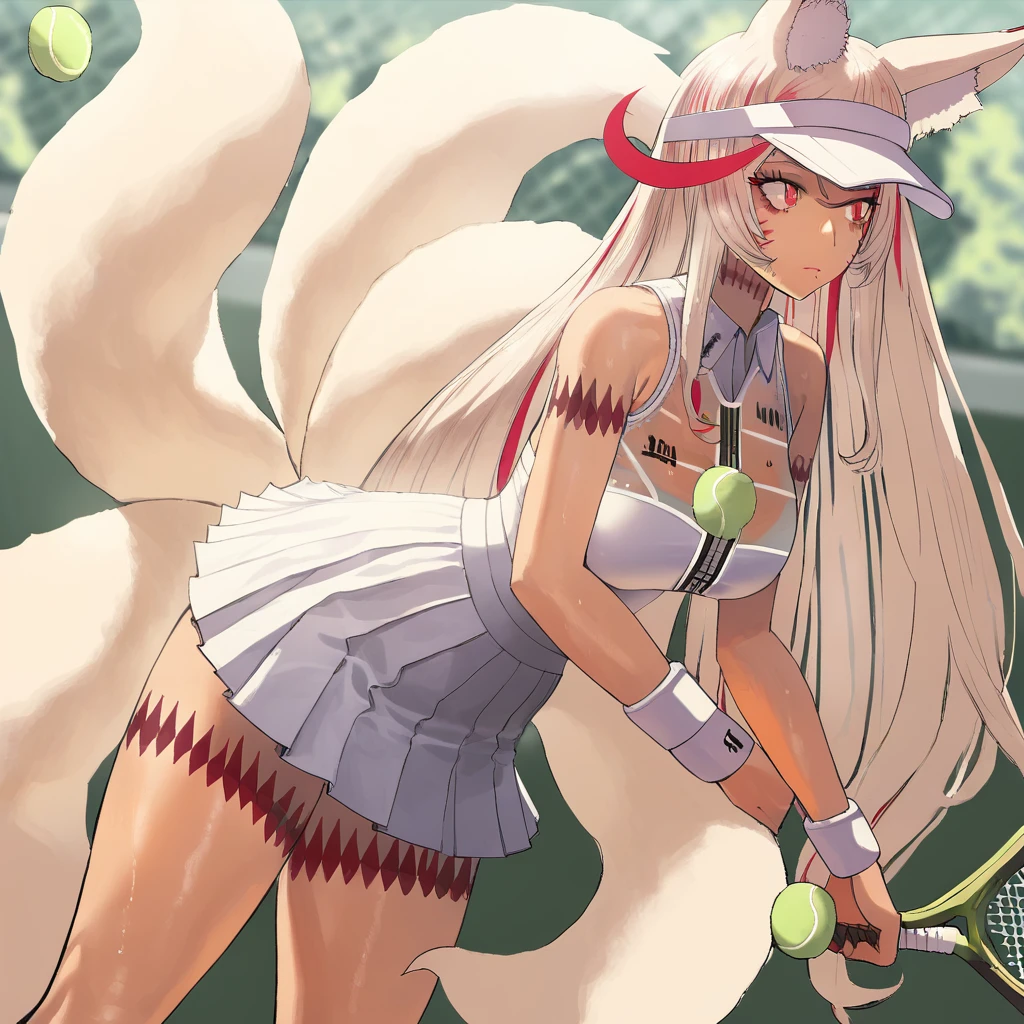 1girl, solo focus, red eyes, slit pupils, white hair, red hair, streaked hair, multicolored hair, long hair, fox tail, multiple tails, fox ears, animal ear fluff, neck tattoo, leg tattoo, tennis uniform, visor cap, sportswear, white skirt,