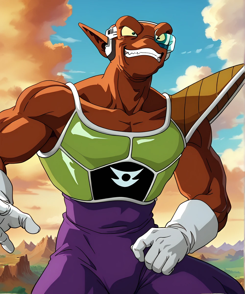 score_9, score_8_up, score_7_up,
<lora:Neiz_(Dragonball_Z)_(Pony)_(AD):1> Neiz, muscles, muscular, purple skin tight bodysuit, light green chest armor, white gloves, white boots, Dragonball Z, single lensed scouting device, brown skin, male focus, 1boy, armor, 
8K, spectacled light, In'ei, highly detailed, Masterpiece, best quality, beautiful details, crisp, chiaroscuro, anime style, 8K CGI anime, digital illustration, insanely detailed, digital media (artwork), internal subsurface reflections, masterclass color theory, depth of field, side lighting,
perfect hands, perfect proportions, sexy body, pectorals, collarbone, 6 abs, peak physical perfection, perfect male physique,
dragonball z style forest landscape, powerful personality, perfect proportions, evil villain, condescending gaze, indomitable, detailed background, extreme perspective, long body, tall, smug expression, evil smirk, laughs at your weakness, 
BREAK zPDXL, zPDXLxxx,