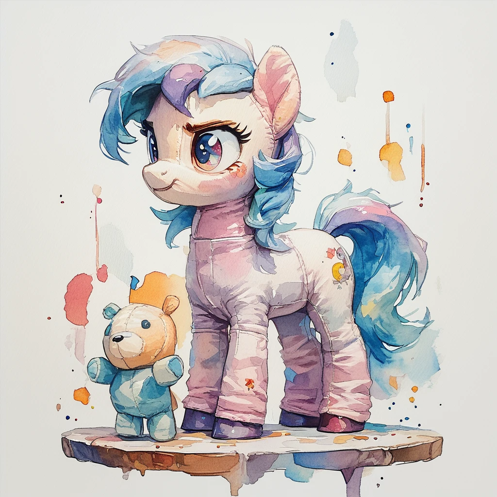 score_9, score_8_up, score_7_up, score_6_up, score_5_up, score_4_up, score_9,  feral pony plushie standing on a table (Watercolor, ArsMJStyle, Intense colors)