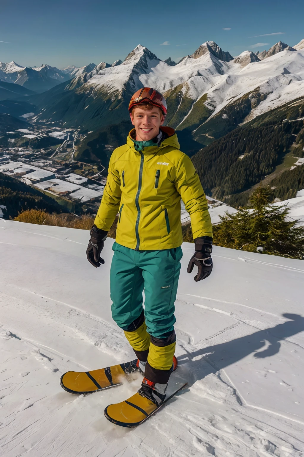 Alpine resort, alps in the background, ((snowboarding)), smiling, ginger hair, VirgilCohen, wearing a pale green ski jacket, ski pants, ski boots, gloves, (((full body portrait))), wide angle  <lora:VirgilCohen:0.8>