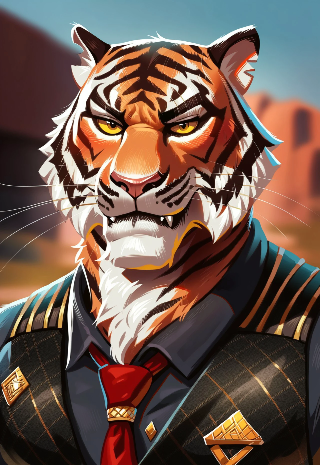 score_9, score_8_up, score_7_up, score_6_up, score_5_up, score_4_up, source_furry, hi res, concept art, digital art, realistic, close up, outdoors, Oscar, Tiger, Vest, Black Collared Shirt, Red Tie, muscular, yellow eyes, yellow sclera, grinning, looking at viewer, anthro, male