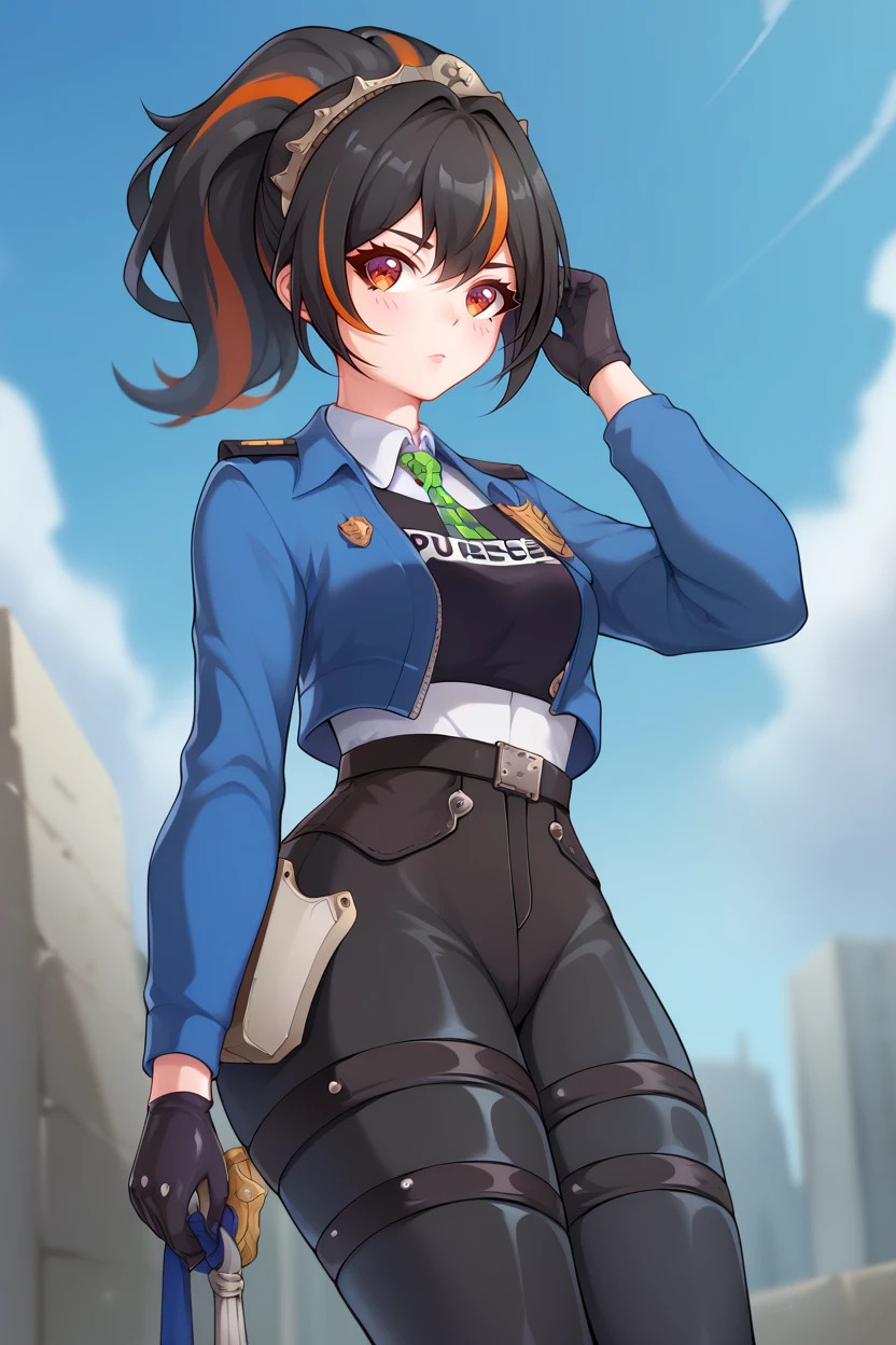 score_9, score_8_up, score_7_up, masterpiece, best quality,    <lora:AriSanStylePony:1>, arisan_style, 1girl, solo, looking at viewer,
 <lora:zhuyuanPDXL_scarxzys:0.8> zhu yuan, orange eyes, black hair, long hair, streaked hair, ponytail,  metal hairband, police uniform, blue jacket, cropped jacket, long sleeves, black vest, two-tone vest, black gloves, green necktie, plaid necktie, black pants, high-waist pants, belt, thigh straps, knee pads, holster, tight pants, blue footwear