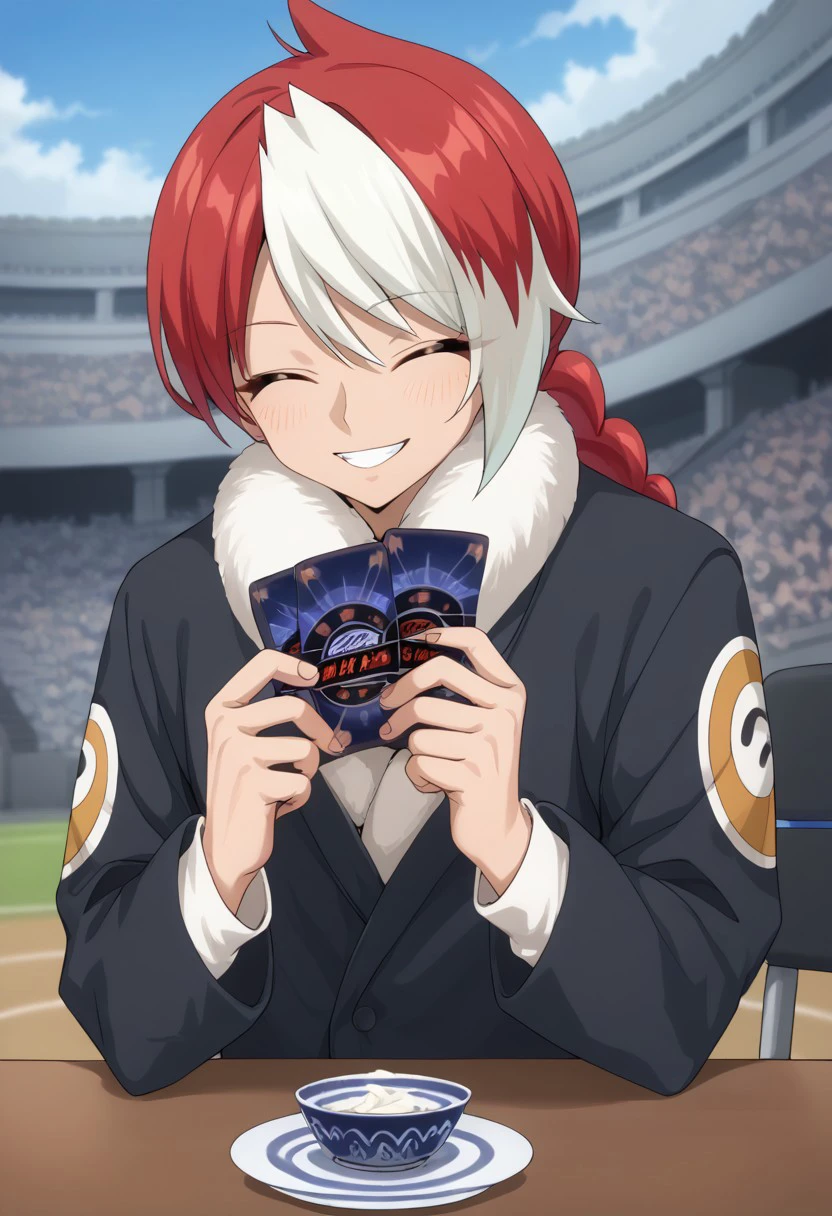 score_9, score_8_up, score_7_up, source_anime, rating_safe, holding card, table, ScorpiFT, red-white Scorpi hair, 1boy, male focus, winter clothes, wide smile, teeth, closed eyes, dutch angle, blurry indoor stadium, crowd, hands with five fingers, cute wallpaper, ZHAOP