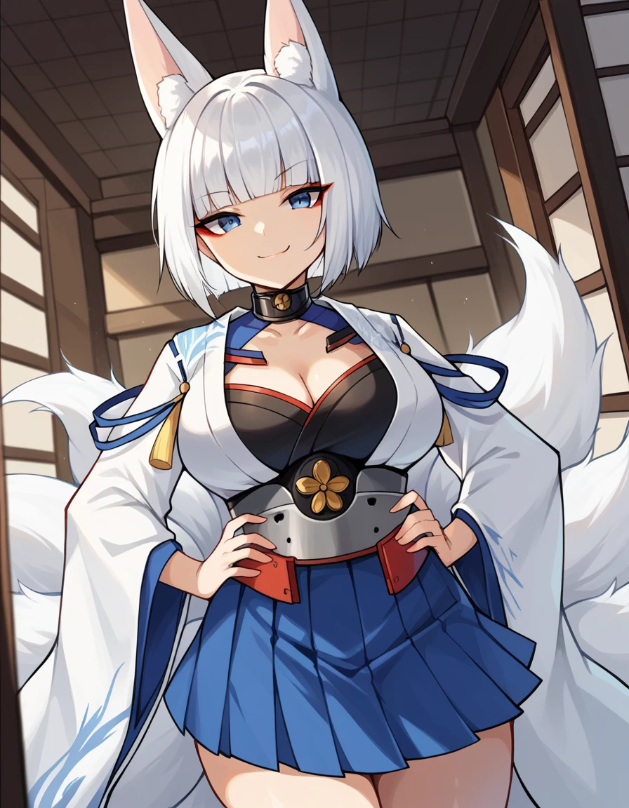 score_9, score_8_up, score_7_up, source_anime, <lora:azurlane-kaga-ponyxl-lora-nochekaiser:1>, azurlane kaga, animal ears, blue eyes, large breasts, eyeshadow, fox ears, fox tail, makeup, short hair, bangs, blunt bangs, white hair, tail, kyuubi, kitsune, multiple tails,, cleavage, japanese clothes, cleavage cutout, wide sleeves, skirt, blue skirt, pleated skirt, choker, belt,, indoors, smug, smile, looking at viewer, solo, hands on hips,, cowboy shot, dutch angle