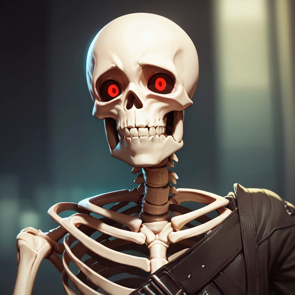 (((detailed, beautiful, high quality))), upper Body, score_9, score_8_up, score_7_up,
1male, skeleton, glowing eyes, red eyes, black bones, shoulder strap,
looking at the viewer, posing, blurred background, blurred fantasy background,