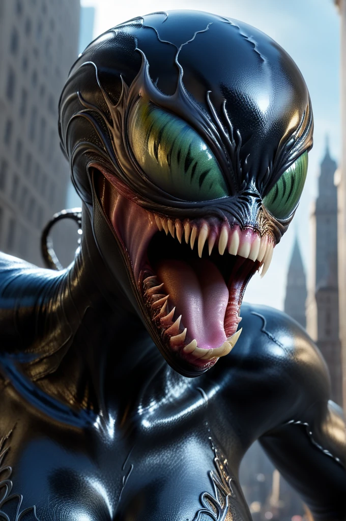 hyper extreme ultra detailed, a female venom in New York, saliva, raw, facing the viewer, masterpiece, extreme ultra best picture, extreme ultra intricate creative detail, extreme hyper realistic detail, extreme ultra hyper photo realism, extreme ultra-hyper immersive visuals, extreme 3D realistic, ultra 4080p, HD, VFX, SFX, FKAA, TXAA, RTX, SSAO