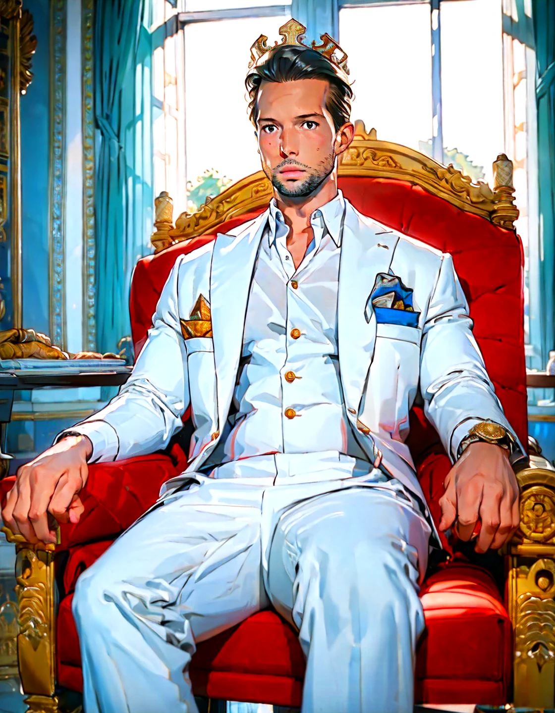 1man, tristan tate, solo, male focus, wearing a crown, (white suit), sitting, digital art, masterpiece, 8k, highly detailed, cinematic, <lora:Tristan_Tate:1>,  <lora:Make_Me_King:0.3>