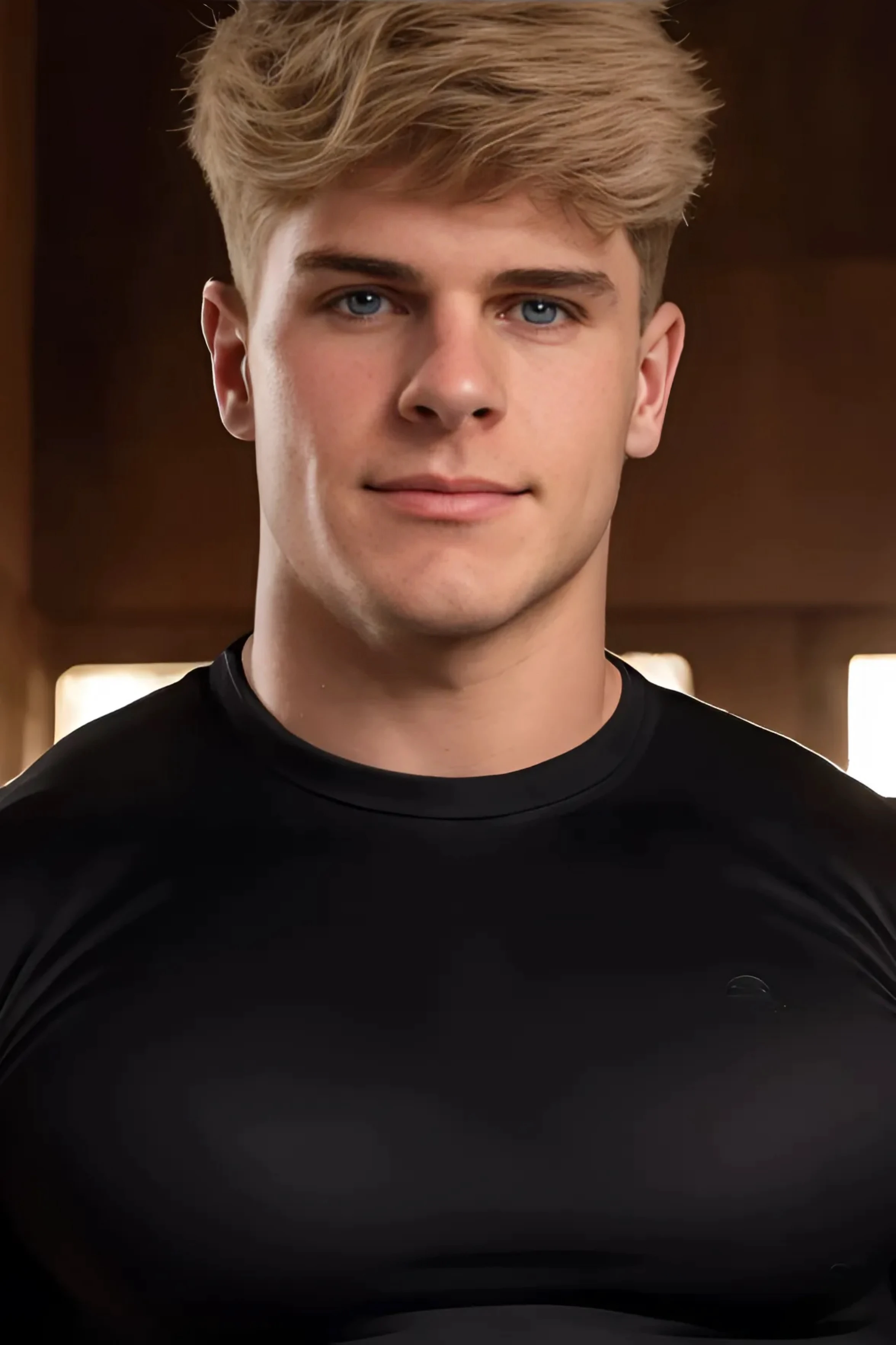 Daniel Thompson Jr, ((masterpiece)), ((best quality:1.2)), High Resolution, 8k, headshot portrait, (ultra_realistic:1.3), (photorealistic:1.4), sharp focus, 1boy, (perfect face), wide angle, handsome, ((wearing a tight fitted black compression shirt:1.3)), standing in the doorway, serious expression, looking at viewer, defined biceps, blue eyes, short blonde hair, square jaw, muscular body, confident, smirking, natural lighting, 4k uhd, dslr, soft lighting, high quality, ((looking at viewer:1.3)),