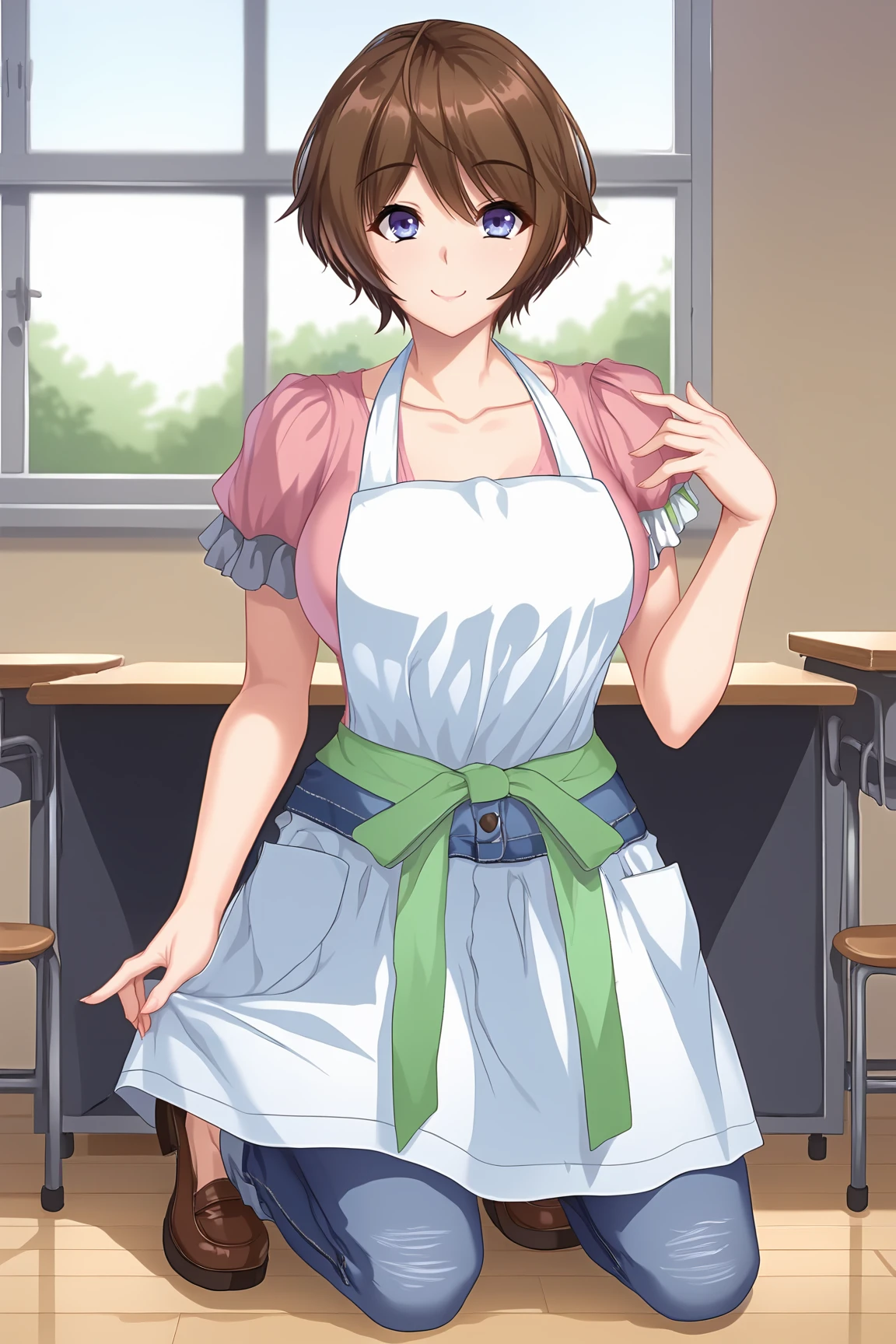 score_9, score_7_up, source_anime, 
BREAK
solo, 1girl, 
<lora:4-KusakabeAkiho-02:1>,
KusakabeAkiho, 
white apron, waist ribbon, green ribbon, pink shirt, short sleeves, frilled sleeves, collarbone, jeans, capri pants,
BREAK
school, tables, chairs,
:p, smile, 
Kneeling with one hand on the thigh, from side,