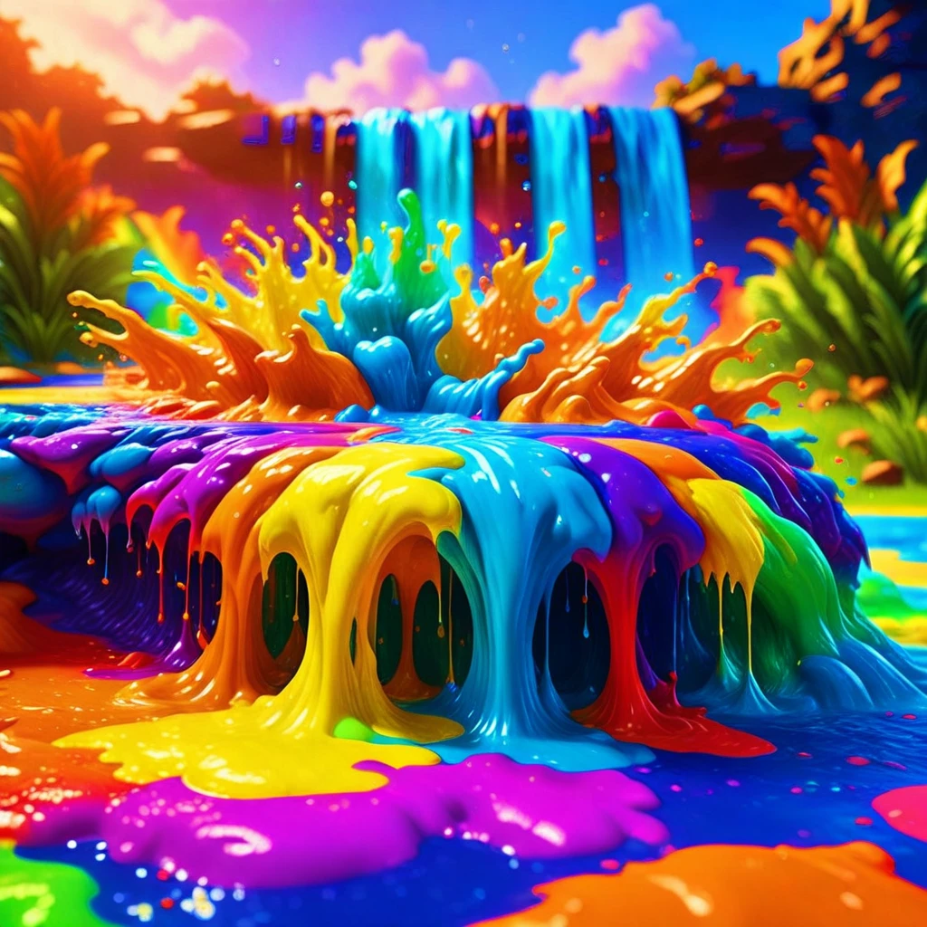 artist name, food, fantasy, blurry, rainbowslime, watermark, grass, colorful, cloudy sky, outdoors, slime, paint, blue sky, waterfall, no humans, splashing