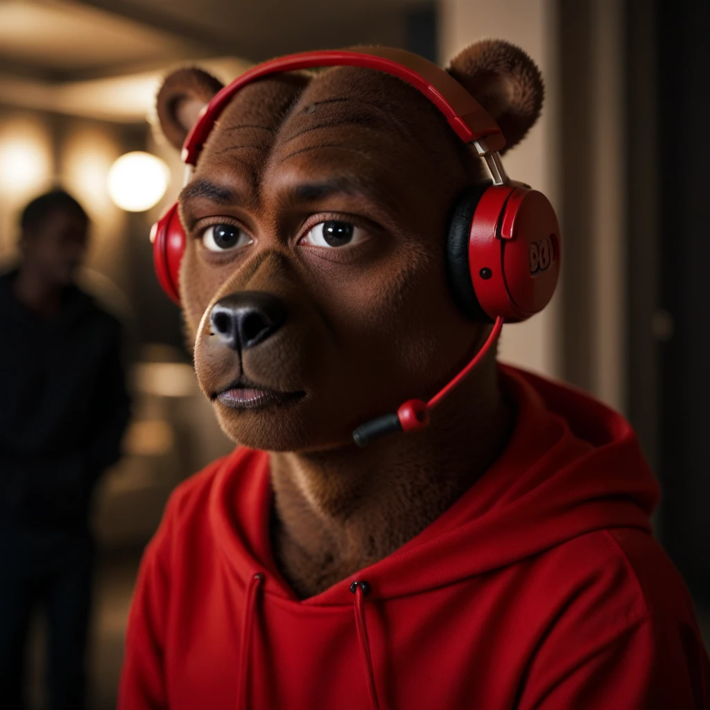  score_up_7,score_up_8,((bobo, bear character, a cartoon bear, red shirt ,  boy)),  wearing black hoodie, pink headset, dark room, masterpiece, cinematic lighting,  golden hour