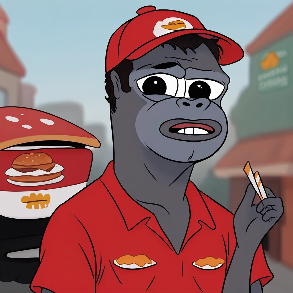  score_9, score_8_up, score_8_up,score_6_up,  source_anime, ((monke, gorilla character, monke_boy,1boy, solo, )), McDonalds work clothes red and yellow, ((McDonalds employee, flipping burgers, McDonalds)), ral-vxl, (( cinematic shot, dramatic)), full body