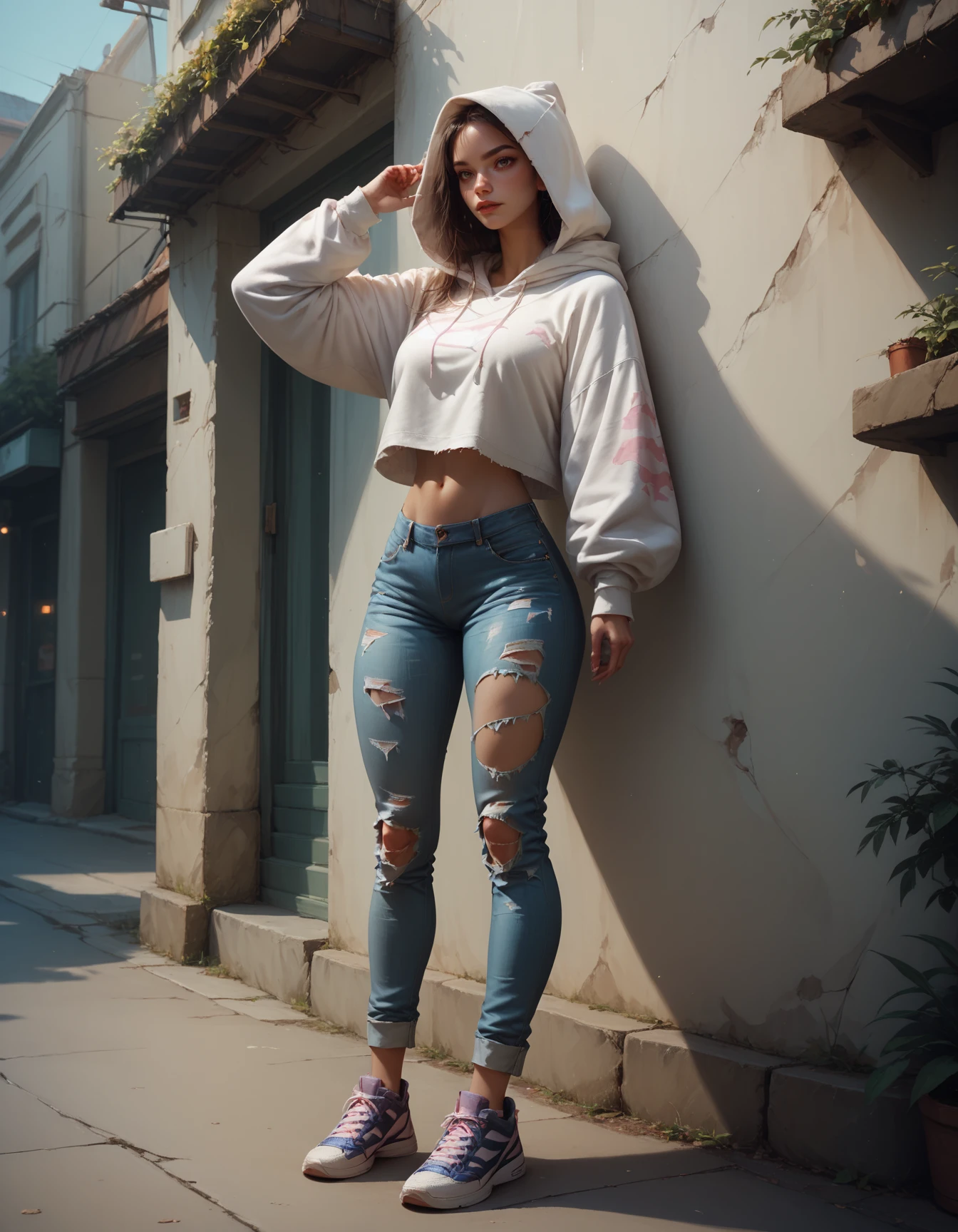 score_9, score_8_up, score_7_up, score_6_up, score_5_up, 1 girl, Jed-cslstwr, Casual Streetwear,  Oversized white hoodie, ripped jeans, sneakers, bare midriff, outdoor,    <lora:CasualStreetwear:0.7>