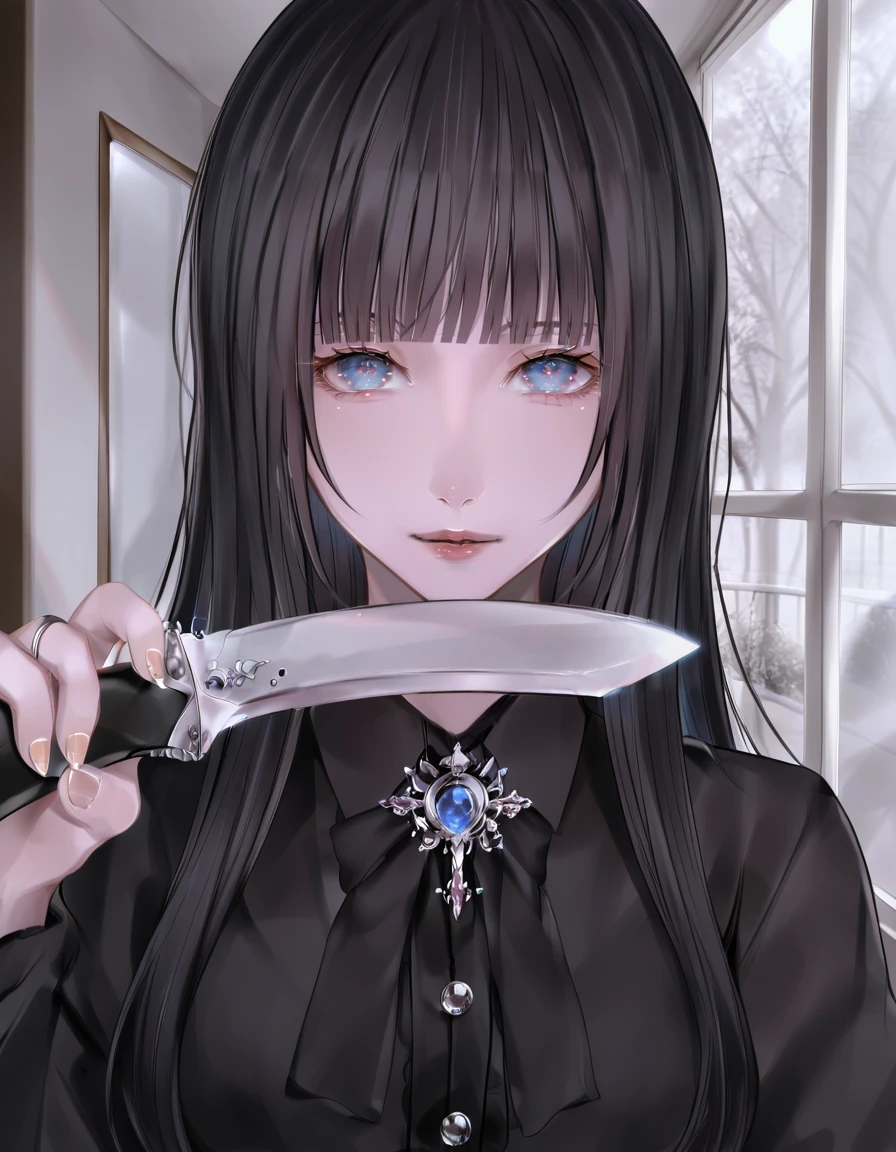 (masterpiece), best quality, (4K), (cinematic lighting), highly detailed, 8K, UHD, ultra detailed, immersive picture, vivid colors, volumetric light, cinematic light, extremely detailed CG, medium shot
1girl, blunt bangs, long black hair, constricted pupils, yandere, glowing blue eyes, shaded face, pale skin, holding knife, apartment interior,  <lora:Erigoth:1>