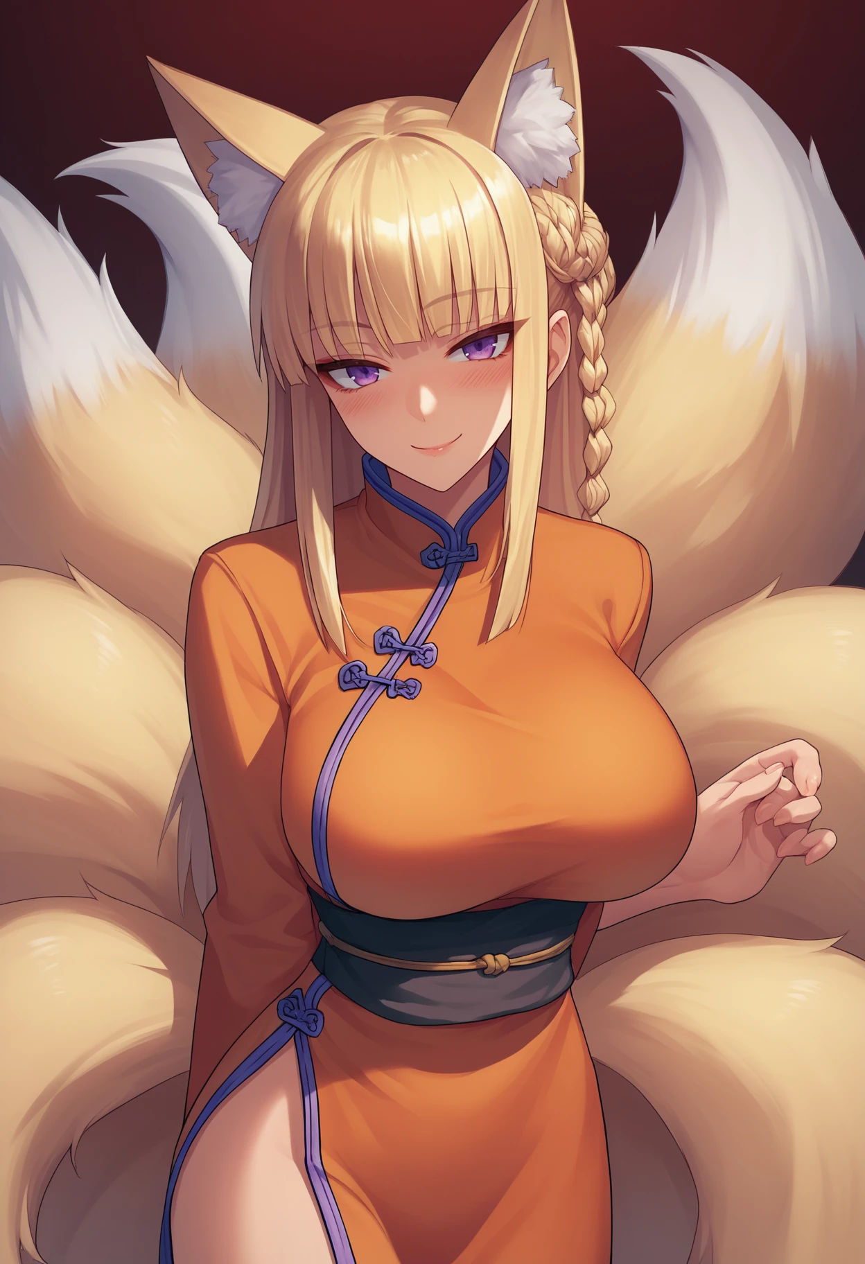 score_9, score_8_up, score_7_up, source_anime BREAK 1girl, solo, <lora:kitsune-mge-richy-v1_pdxl:1> youko, purple eyes, fox ears, fox tail, multiple tails, blonde hair, braid, long hair, large breasts, chinese clothes, orange dress, blush, looking at viewer, seductive smile,