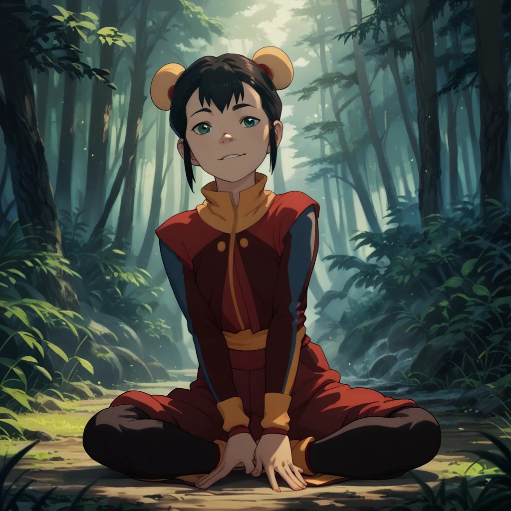 score_9, score_8_up, score_7_up, score_6_up, score_5_up, score_4_up, 1girl, Ikki, in a forest, sitting on the floor, posing