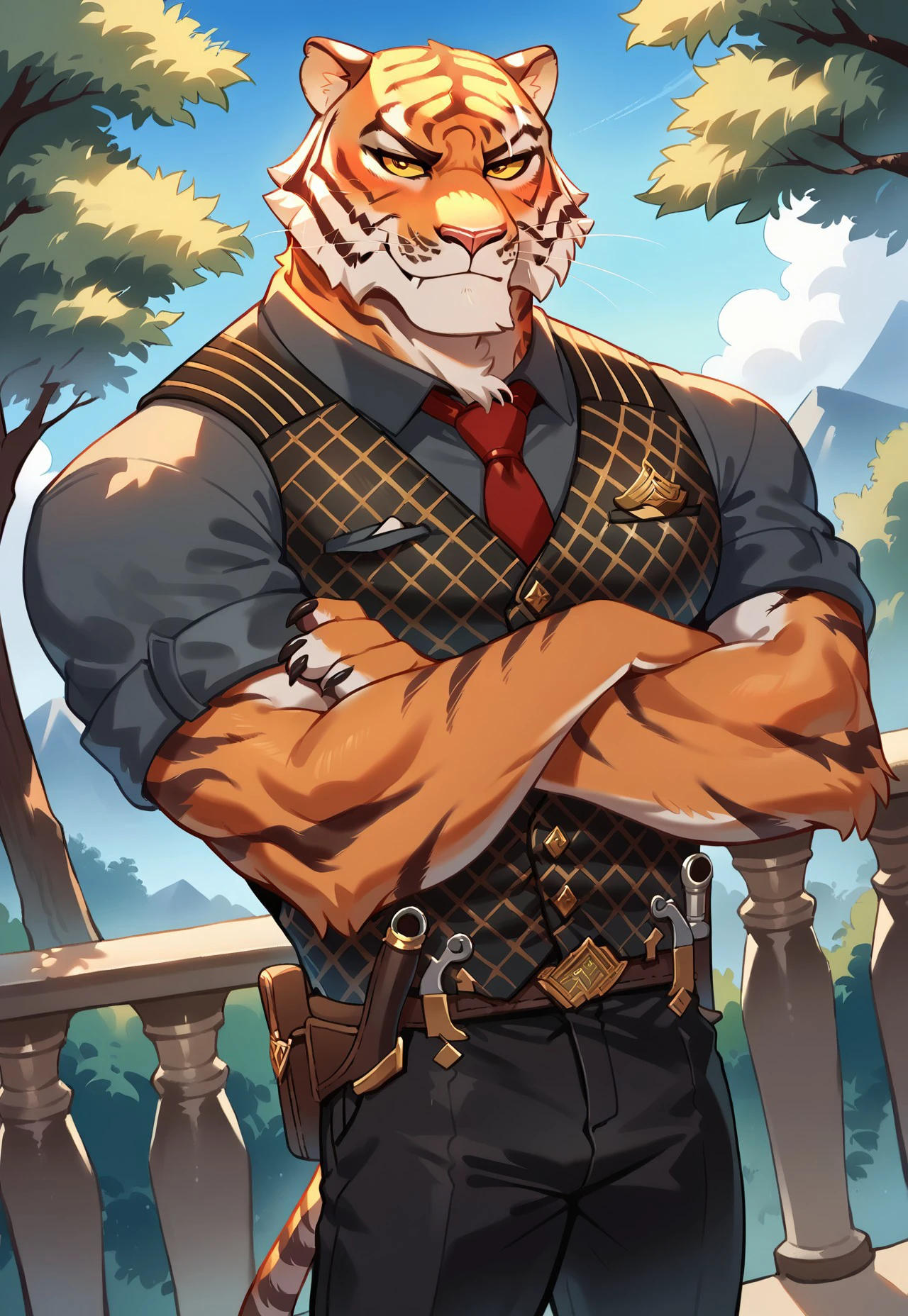 score_9, score_8_up, score_7_up, score_6_up, score_5_up, score_4_up, source_furry, hi res, anime, on balcony, day, forest background, dutch angle, Oscar, Tiger, Vest, Black Collared Shirt, Red Tie, Black Pants, Gun Belt, muscular, yellow eyes, yellow sclera, closed mouth, smirk, looking at viewer, anthro, male, crossed arms, perfect anatomy