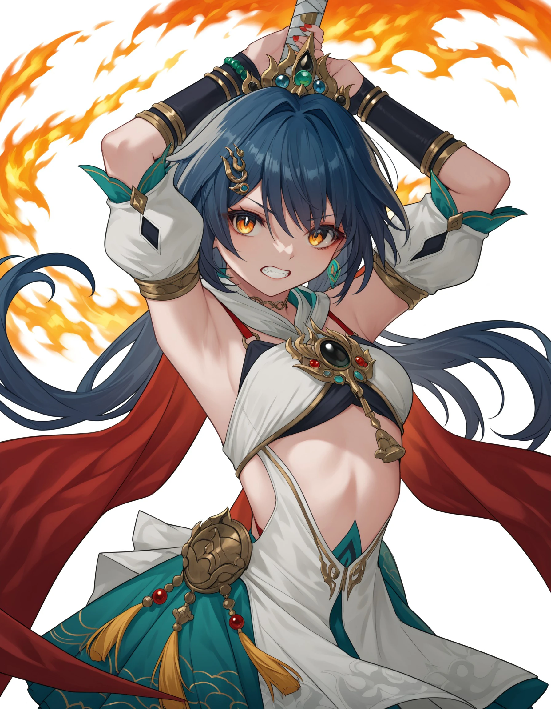 score_9, score_8_up, score_7_up, 1girl, weapon, fire, holding, sword, solo, holding_weapon, yellow_eyes, holding_sword, long_hair, teeth, arms_up, armpits, black_hair, clenched_teeth, jewelry, blue_hair, hair_ornament, cosplay, bangs, upper_body, nail_polish, detached_sleeves, looking_at_viewer, bracelet, breasts, <lora:64a376d8-6ac8-48ec-973a-c49b2770489a:0.7>