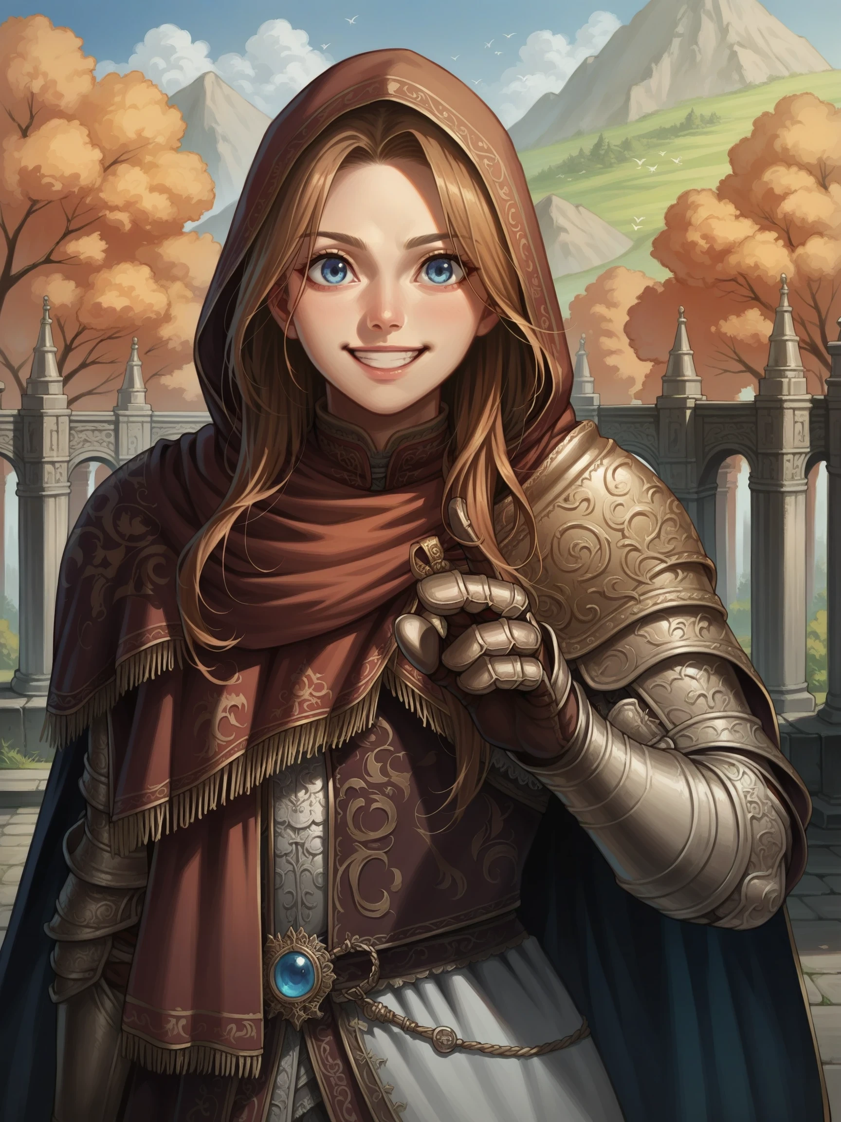 waving hand with a smile, score_9, score_8_up, score_7_up, source_anime, ((solo)), outdoors,  fantasy nature background, , BanishedKnightSet, full armor, shoulder armor, hood, cape,  upper body, interesting angle, dynamic pose, 1girl, long hair, smile, brown hair, blue eyes,