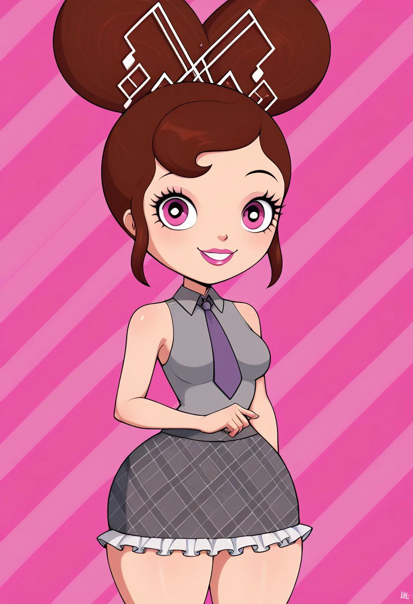 score_9, score_8_up, score_7_up, deep skin, shiny skin, skindentation, source_anime, high quality, highres, solo, (curvy), ((wide hips)),, thick thighs, cute, , sexy, medium breasts, HJ5KKH_Music, 1girl, brown hair, magenta eyes, double buns, hair ornament, uniform, grey shirt, collared shirt, pink lipstick, grey skirt, sleeveless, sideboob, purple necktie, frilled skirt, plaid skirt, big head, two-tone shirt, colorful background, jlullaby, smile