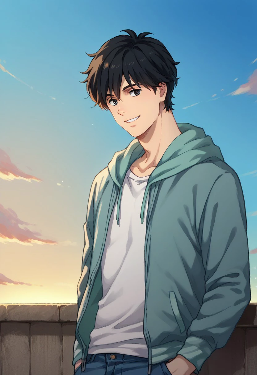 score_9, score_8_up, score_7_up, source_anime, highly detailed, 
eijiokumura, 1boy, male focus, solo, black hair, short hair, black eyes, upper body, hoodie, hood, pants, upper body, smile, slender, skinny
outdoor, sky,