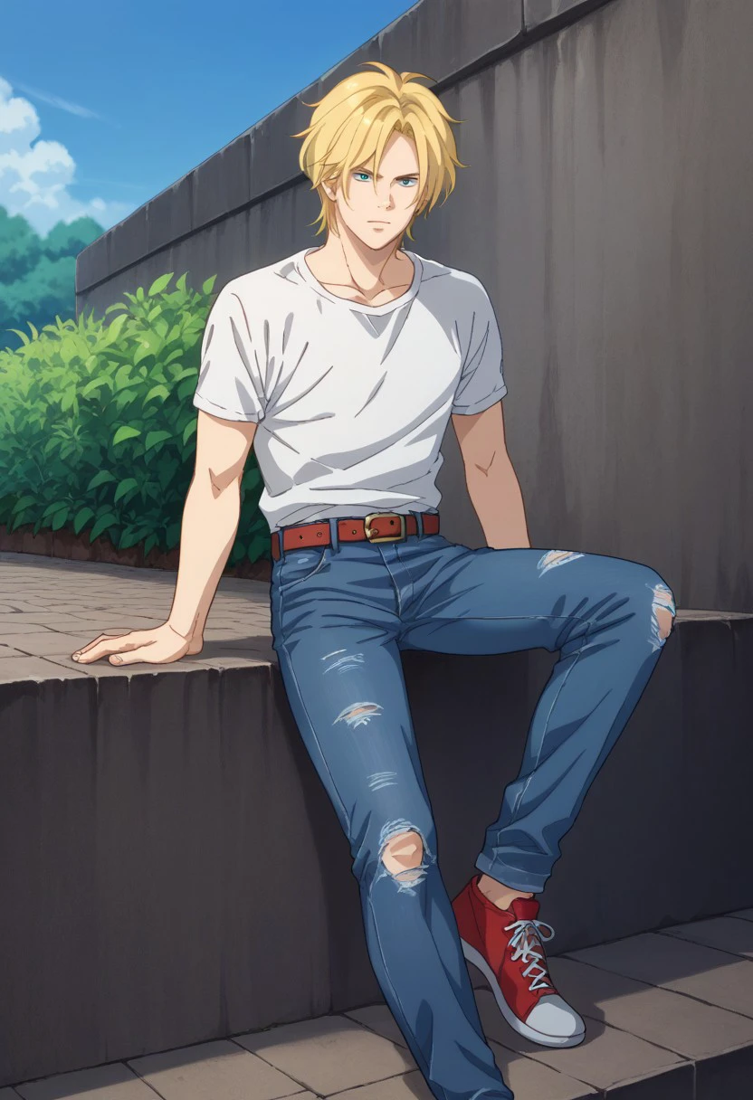 score_9, score_8_up, score_7_up, source_anime, highly detailed, 

ashlynx, 1boy, male focus, blonde hair, solo, jeans, pants, denim, shirt, torn clothes,
sneakers, shoes, belt, torn pants, t-shirt, torn jeans,
white shirt, red footwear,

outdoor, sky, sit,