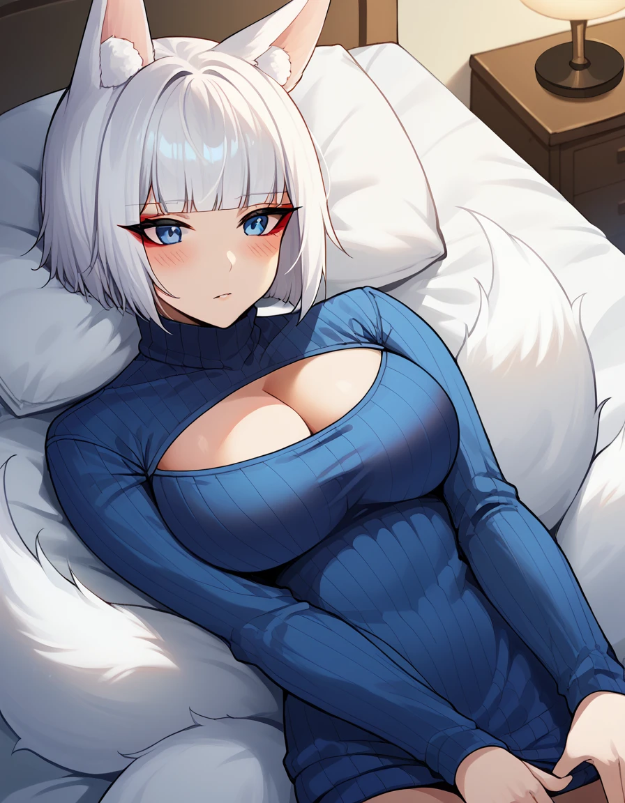 score_9, score_8_up, score_7_up, source_anime, <lora:azurlane-kaga-ponyxl-lora-nochekaiser:1>, azurlane kaga, animal ears, blue eyes, large breasts, eyeshadow, fox ears, fox tail, makeup, short hair, bangs, blunt bangs, white hair, tail, kyuubi, kitsune, multiple tails,, <lora:open-chest-sweater-ponyxl-lora-nochekaiser:1>, open-chest sweater, ribbed sweater, cleavage cutout, meme attire, clothing cutout, turtleneck, sweater dress, cleavage, clothes tug, sweater pull, cleavage reach,, indoors, bed, bed room, blush, on bed, on back, , cowboy shot, dutch angle