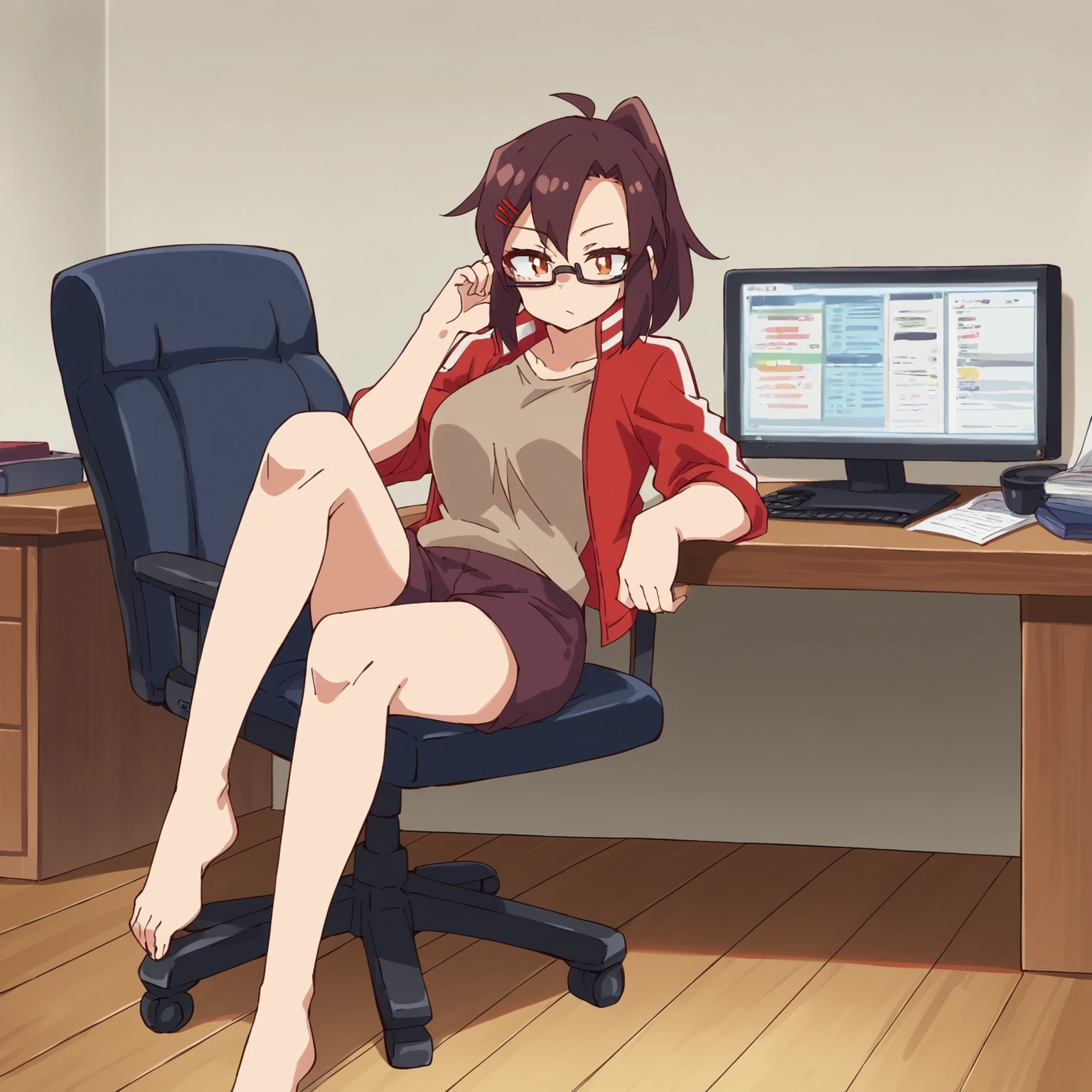 score_9, score_8_up, score_7_up, source_anime BREAK
1girl, indoors, sitting, office chair, desk, bedroom, monitor, knee up, full body, bored expression
koenji, glasses, red hairclip, high ponytail
red track jacket, brown t-shirt, maroon shorts
<lora:Koenji-750:1>