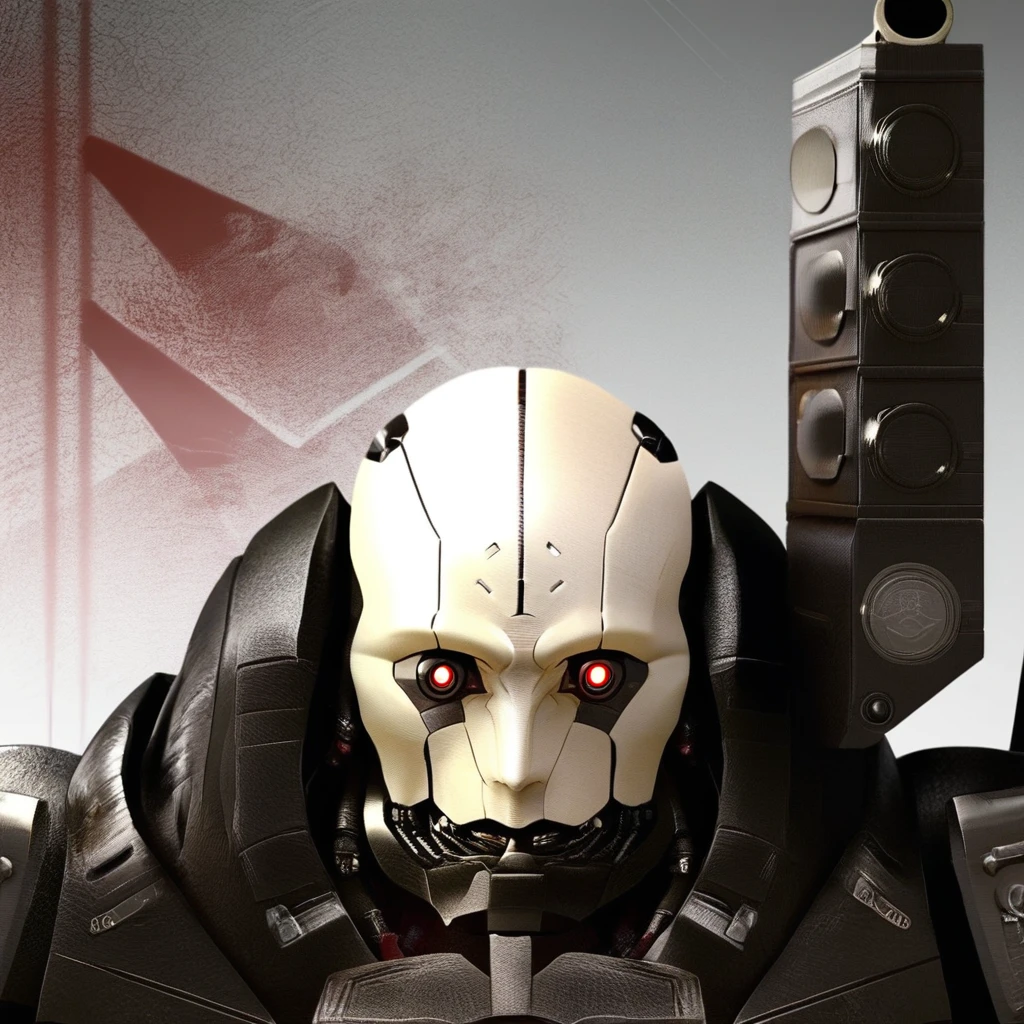 Adam Smasher, solo, 1boy, bald, red eyes, shoulder turret, robot, wallpaper, score_9