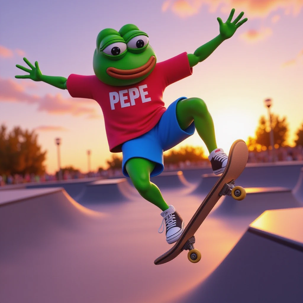 pepe wearing a red shirt with white text that reads 'PEPE' on it and blue shorts doing a kick flip in a skatepark, there is a beautiful sunset, 3D render