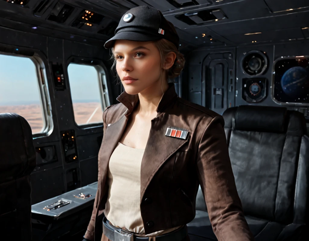 score_9, score_8_up, score_7_up, juno-eclipse, star wars, solo, gloves, hat, spacecraft interior, 1girl, belt, jacket, shirt, upper body, realistic
 <lora:SW_Juno_Eclipse_r1:.7>