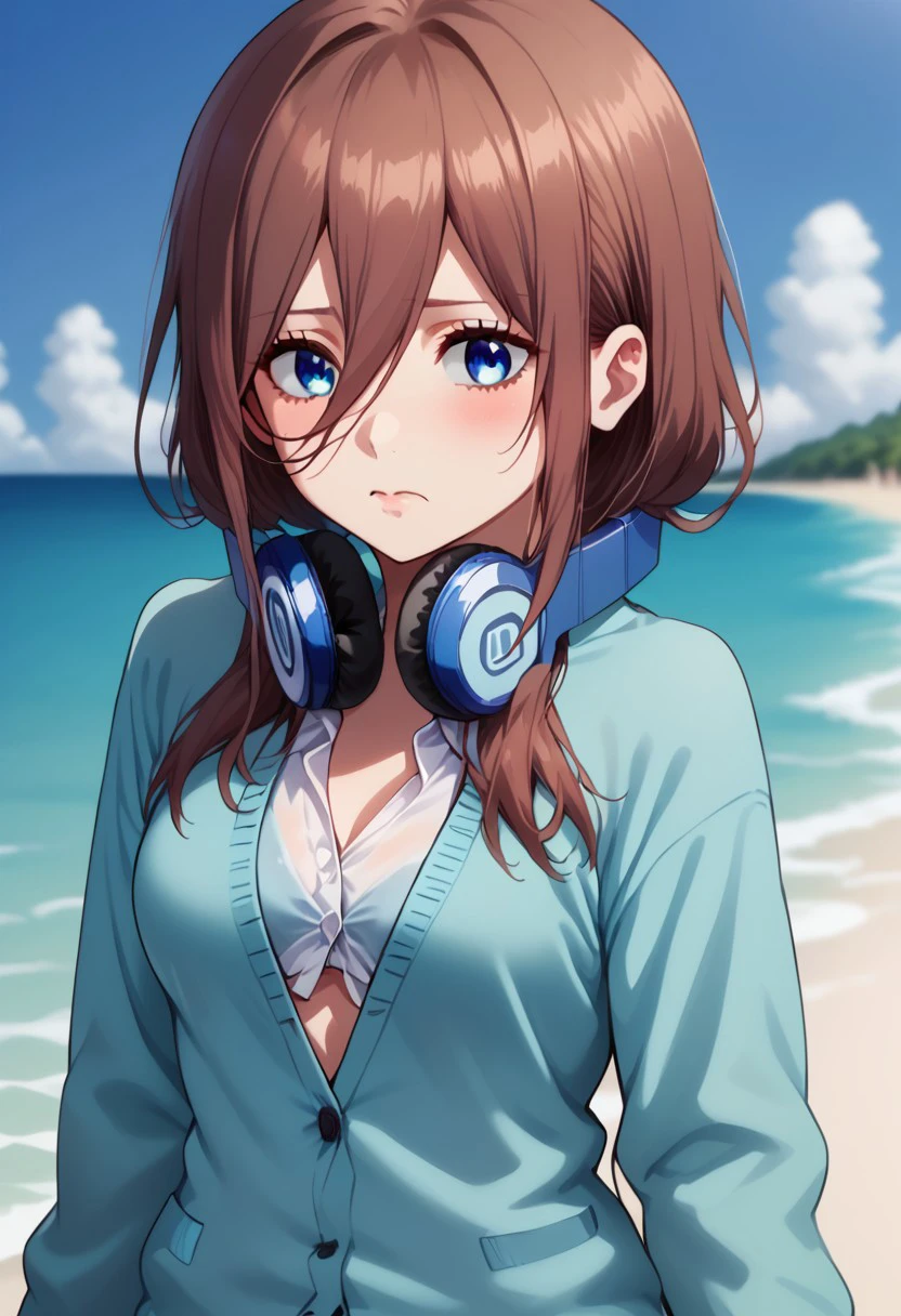 miku nakano, long hair, bangs, blue eyes, brown hair, swimsuit, hair between eyes, headphones, cardigan, headphones around neck, beach area