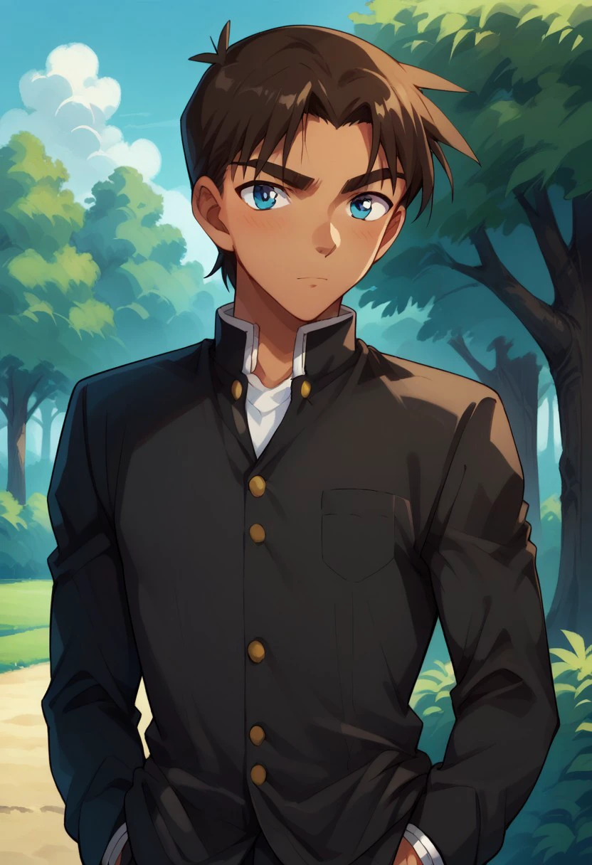 score_9, score_8_up, score_7_up, source_anime, highly detailed,  
heijihattori, 1boy, male focus, solo, school uniform, gakuran, hands in pockets, outdoors, brown hair, blue eyes, dark-skinned male, thick eyebrows, day, upper body
outdoor, sky, tree