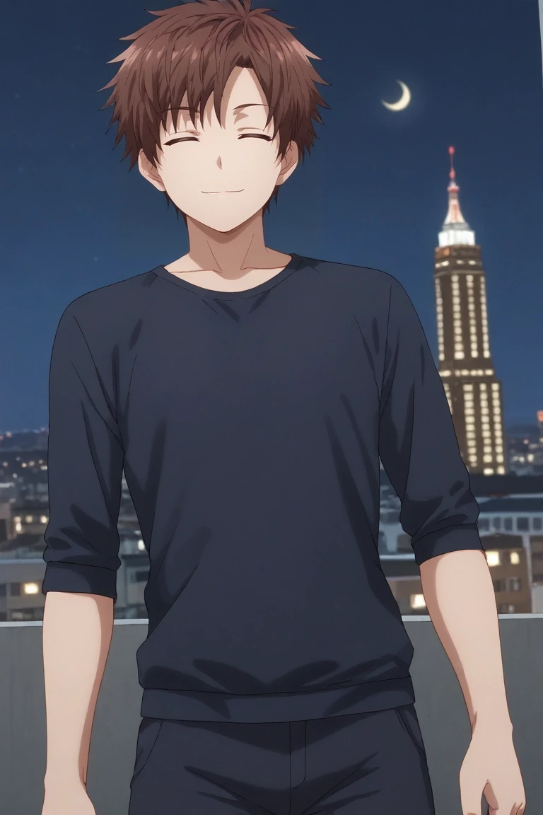 score_9, score_8_up, score_7_up, source_anime, rating_safe, intricate details, , looking at viewer, , 1boy, solo, male focus, <lora:itsuki_akazawa_pony:0.94>, itsuki_akazawa, brown hair, brown eyes, short hair, bangs, wide angle, wide shot, cowboy shot, city, city lights, night, crescent moon, yoga, (closed eyes:1.2), smile, , <lora:sdxl_lightning_8step_lora:1>