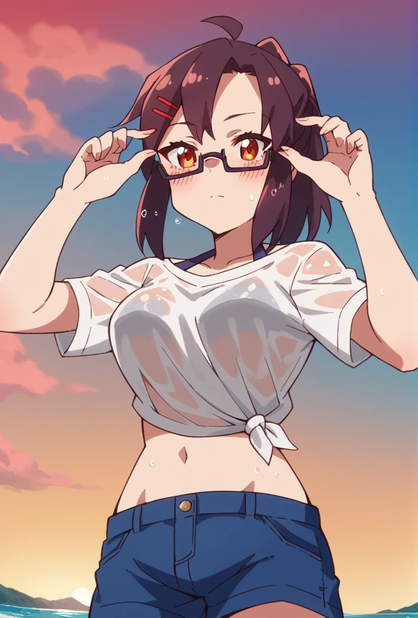 score_9, score_8_up, score_7_up, source_anime BREAK
1girl, beach, ocean, wet clothes, sunset, red sky, looking at viewer, holding eyewear, , blush, facing viewer, upper body, from below
<lora:Koenji-750:1> 
koenji, glasses, red hairclip, high ponytail
white t-shirt, side-tie shirt, blue shorts, blue halterneck, midriff