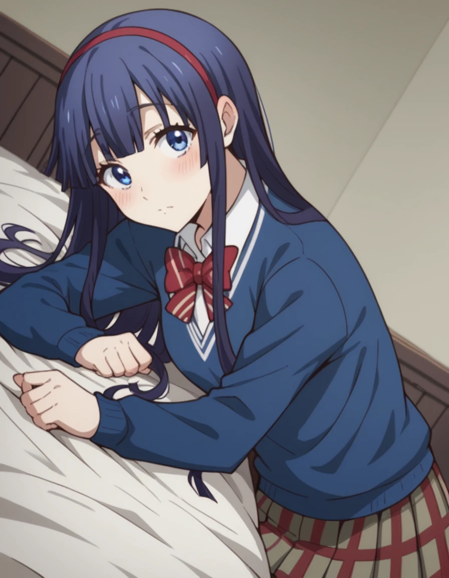 mochizuki anna,1girl in,Solo,Long hair,Purple hair,Medium chest.Ahoge,Blue eyes.Short stature.white t-shirts.suspenders.Skirt.Evening glow.the setting sun.Despair face.Sweat.Opening Mouth.up chest.a bed.PILLOWS.Eye highlights disappear.