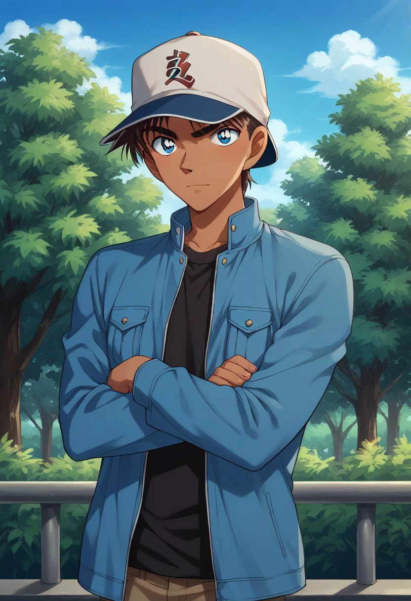 score_9, score_8_up, score_7_up, source_anime, highly detailed,  
heijihattori, solo, 1boy, hat, male focus, crossed arms, dark skin, blue eyes, jacket, dark-skinned male, pants, black shirt, upper body, brown hair, standing, shirt, baseball cap, looking at viewer,
outdoor, sky, tree