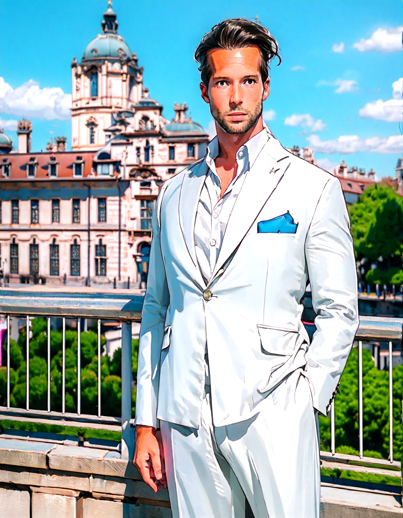 1man, tristan tate, solo, male focus, (white suit:1.4), hands on pocket, castle in the background, digital art, masterpiece, 8k, highly detailed, cinematic, <lora:Tristan_Tate:1>