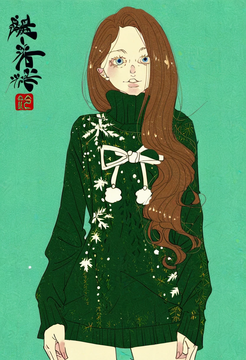 score_9, score_8_up, score_7_up, 1girl, Seigo Suzuki \(Artist\), @Sei5oSuzuki, watermark, logo, japanese text:1.2, 1girl, solo, portrait shot, looking at viewer, blue eyes, long brown hair, Christmas sweater, simple background  <lora:Seigo-Suzuki_Sei5oSuzuki[PonyXL]:1>