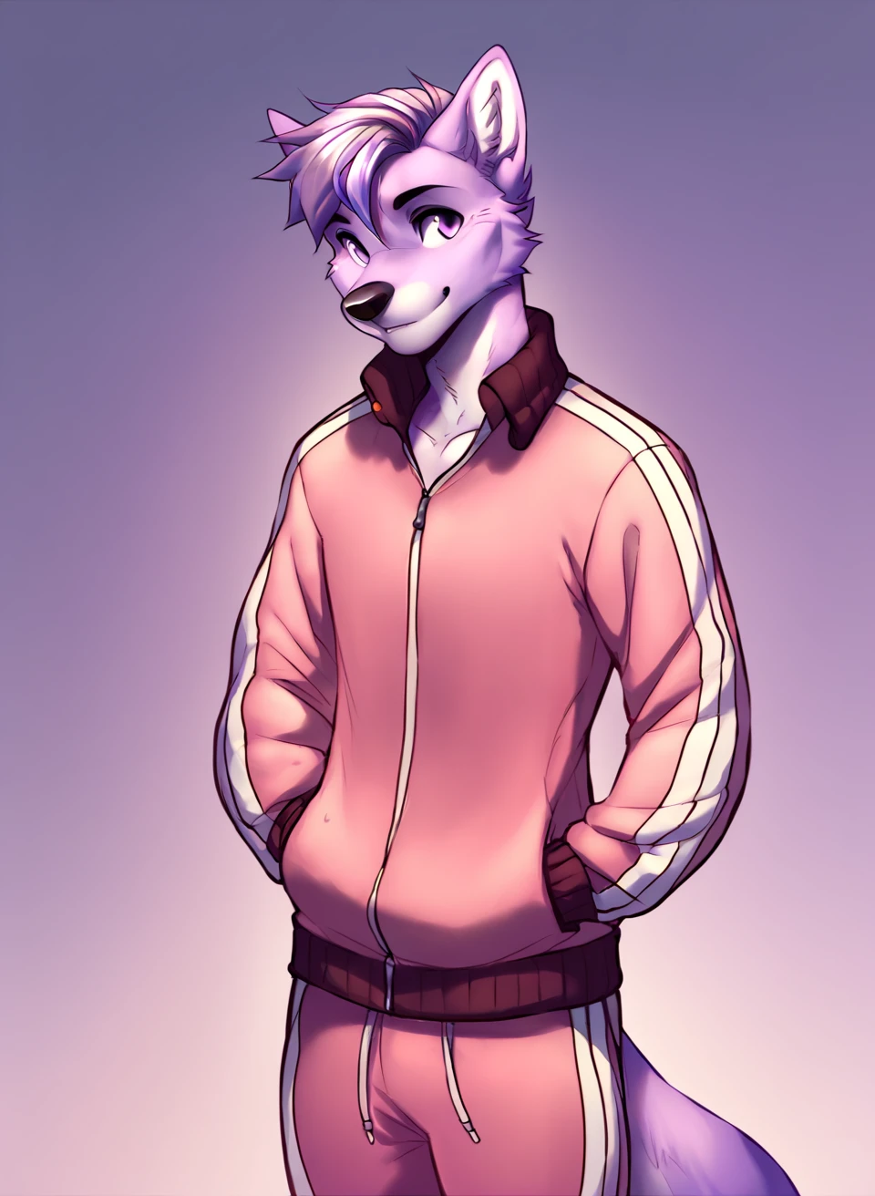 score_9, score_8_up, score_7_up, score_6_up, score_5_up, score_4_up, lockworkorange, 1boy, solo, canine, Light Purple fur, Light Purple eyes, striped hair, track jacket, track suit, track pants, solo, cowboy shot, gym background <lora:LockworkOrange_epoch_16:1>