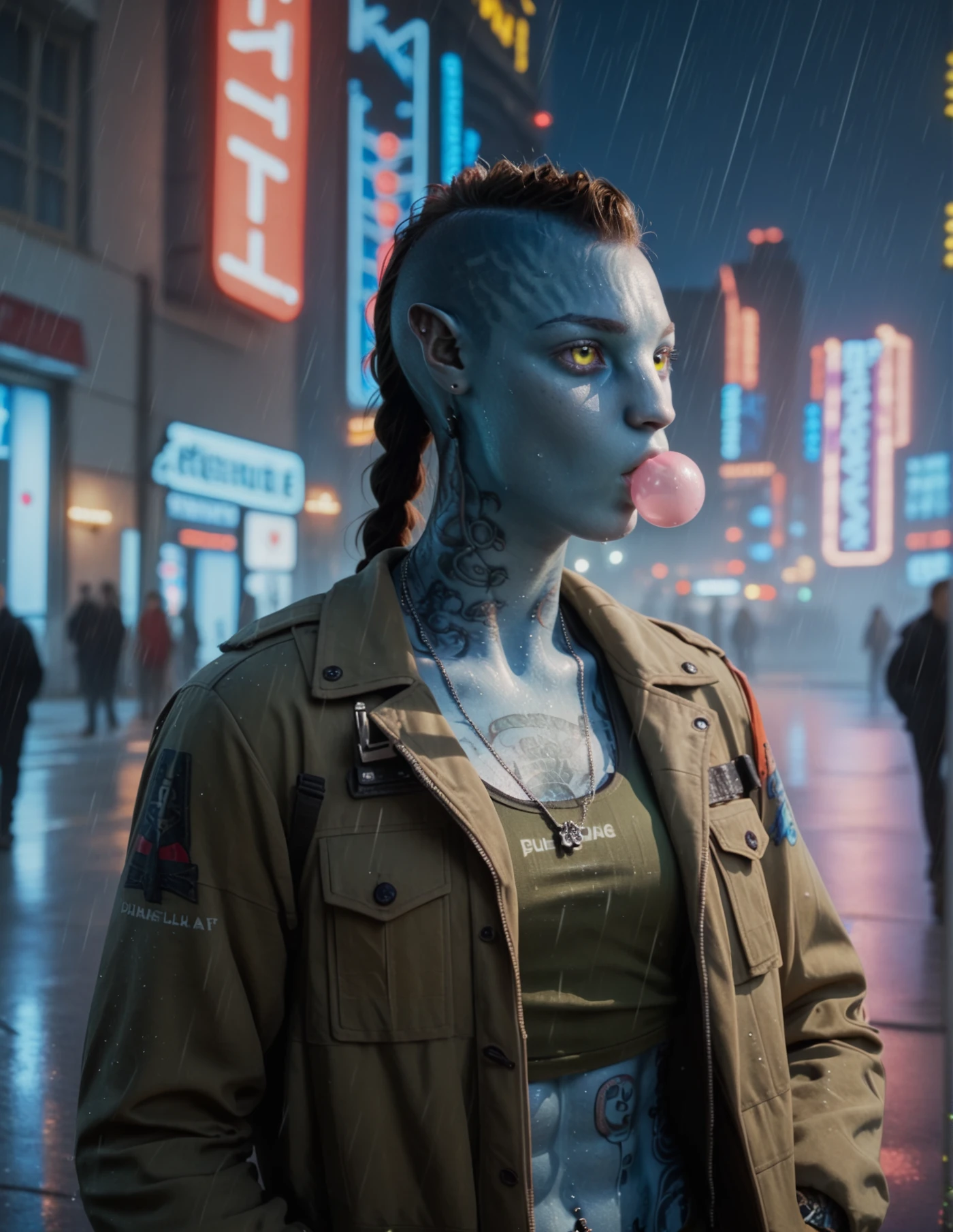 <lora:Z-dog_V2:0.9> zdinarskbraid, 1girl, sexy, crop top, abs, tattoos,wet skin, side shaved hair, blue skin, hands on pockets, city background, casual, open jacket,neon, volumetric lights, bustling city, bubble gum female, at night, dark ambience, cinematic, rain, neon light, yellow eyes, dogtags, score_9, score_8_up, score_7_up, score_6_up