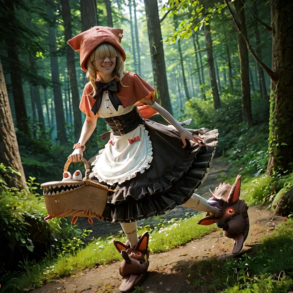 score_9, score_8_up, score_7_up, score_6_up, score_5_up, score_4_up, rating_safe,photo,cinematic,realistic,full body,1girl,solo,chaperomon,outdoors,forest,running,holding basket,animal slippers,hair over eyes,zPDXLrl, zPDXL2, <lora:ChaperomonPony:0.95>