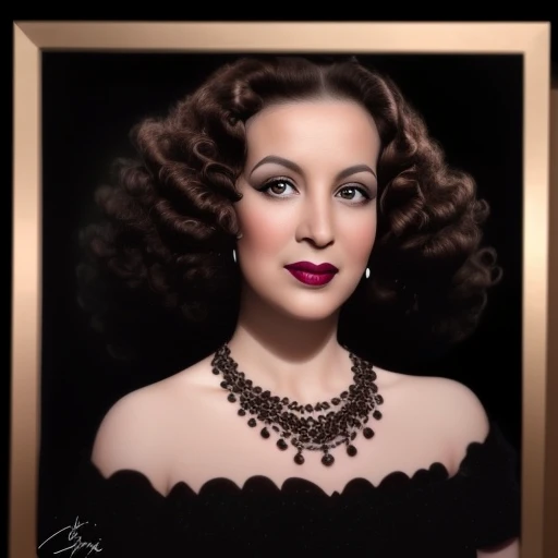 portrait, brown hair, upper body, black background, lipstick, curly hair, looking at viewer, signature, dress, necklace