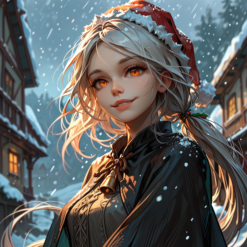 1girl,solo,<lora:painting woman:1>,painting woman,orange eyes,white hair,ponytail,absurdly long hair,black capelet,grey shirt,
outdoors,snowing,blurry background,light particles,upper body,
looking at viewer,smile,head tilt,santa hat,arms down,, score_9, score_8_up, score_7_up, perfect anatomy, source_anime, zPDXL2,