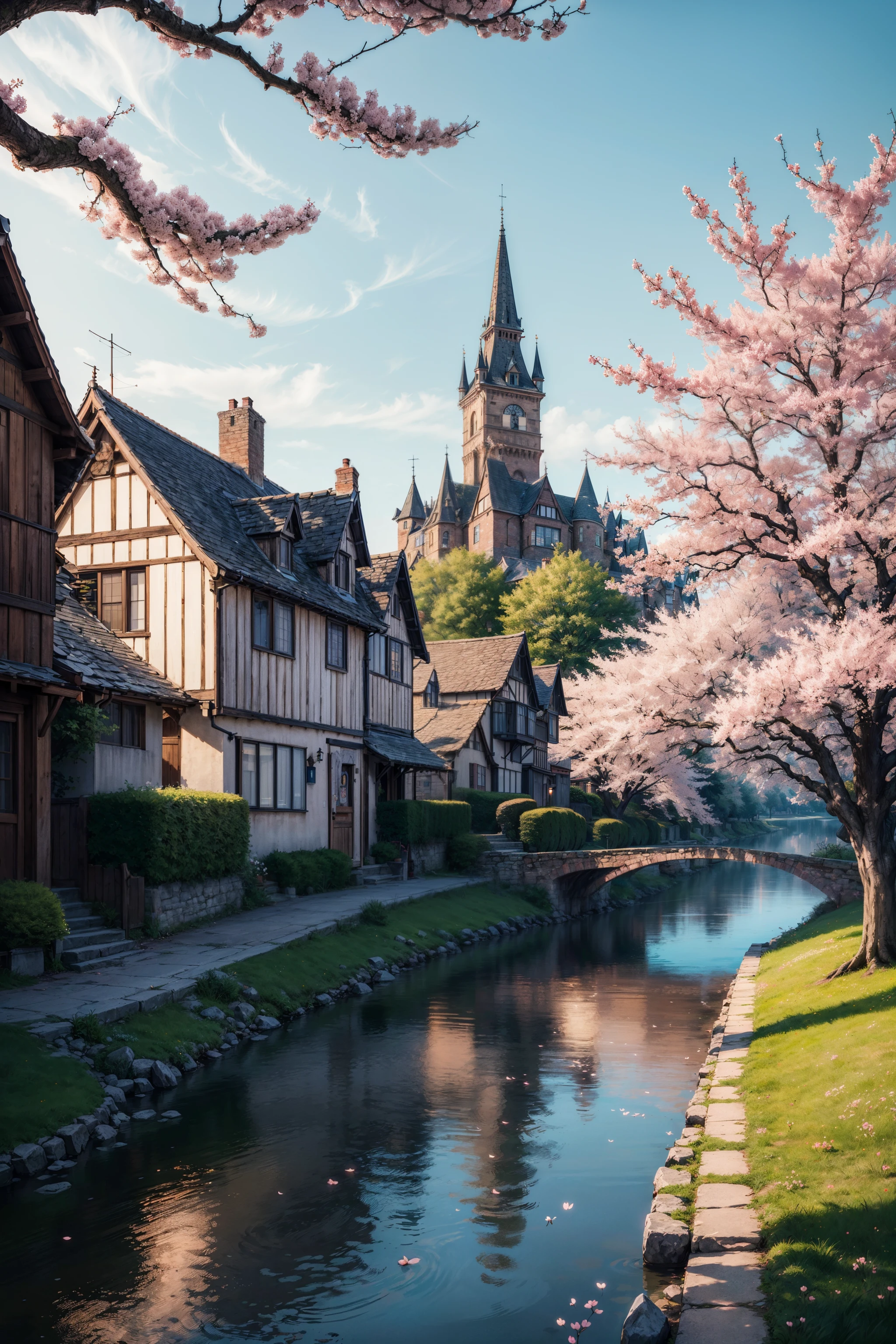An enchanting digital illustration of a medieval town serene and magical,colorful, pastel hues, cherry blossom trees, tranquil river flowing through, quaint cottages, gentle breeze, whimsical creatures roaming around, 8k, masterpiece, artstation, highly detailed <lora:General-Design\add_detail:0.7>