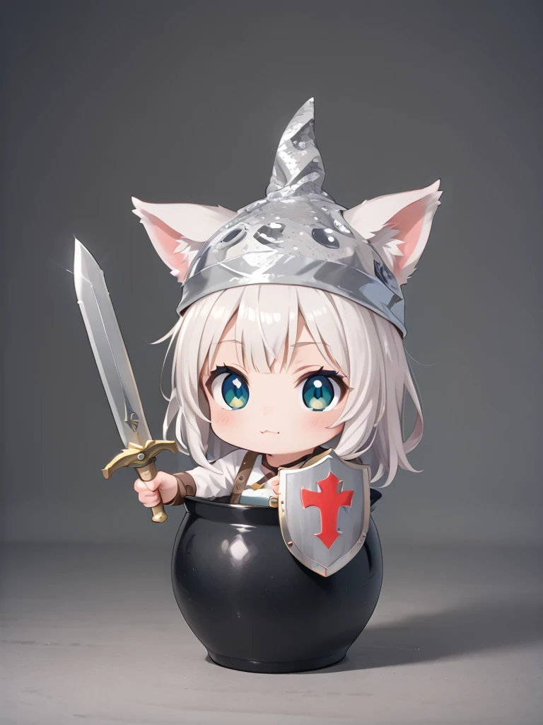 chibi girl in pot, animal ear, holding Sword, holding Shield <lora:tsubo pony:0.7> chibi girl in pot <lora:tin_foil_hat_pony:0.7> tin_foil_hat