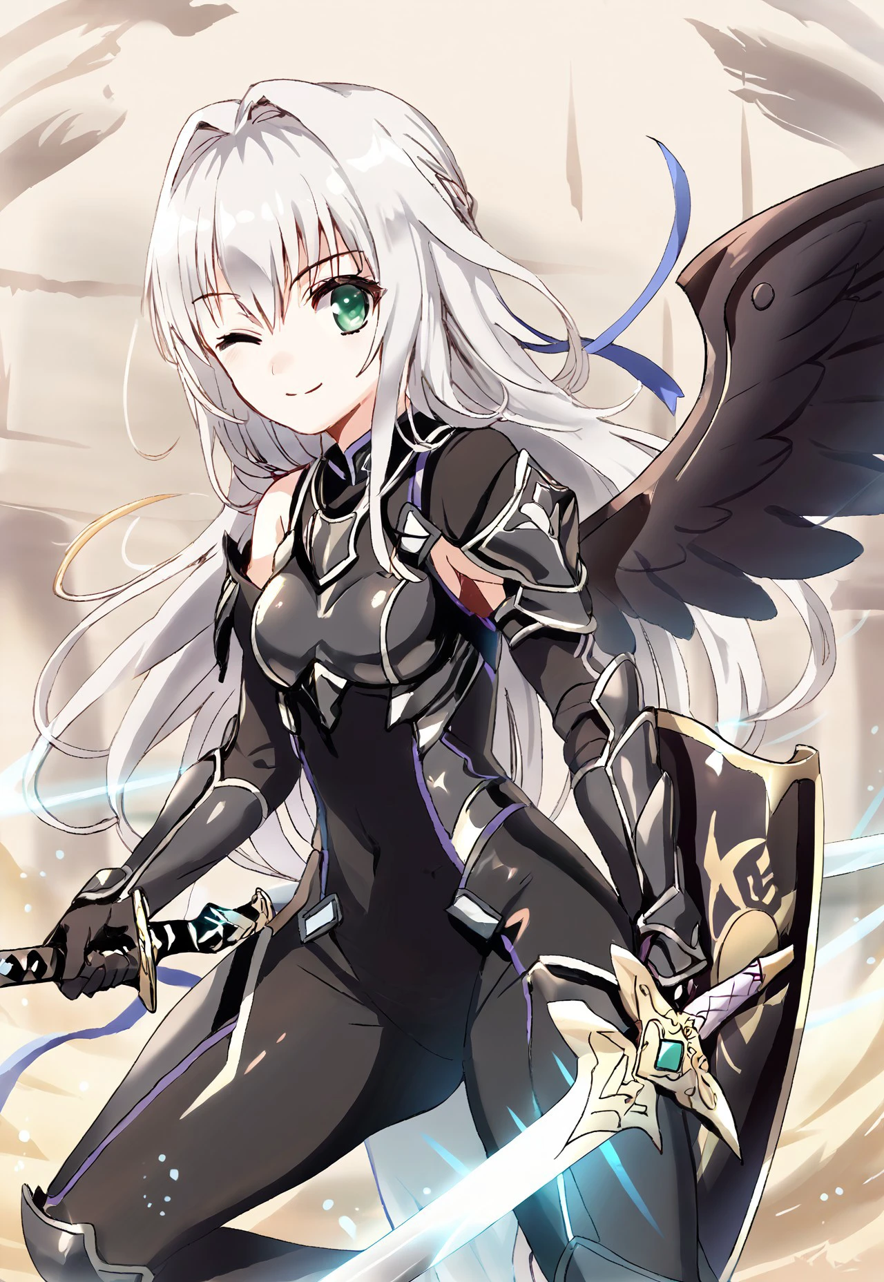 1 girl, solo, detail1eye, silver hair, long hair, green eyes, wearing armor, (score_9:0.9),score_8_up,score_7_up,anime style,rating_safe,(zPDXL),<lora:SIS-A00 Tiasha ponyXL v2:0.77>,SIS-A00 Tiasha,black bodysuit,1girl,sword,weapon,solo,one eye closed,smile,holding sword,holding black shield,black shield,holding,black wings,black crown,red calf armor,